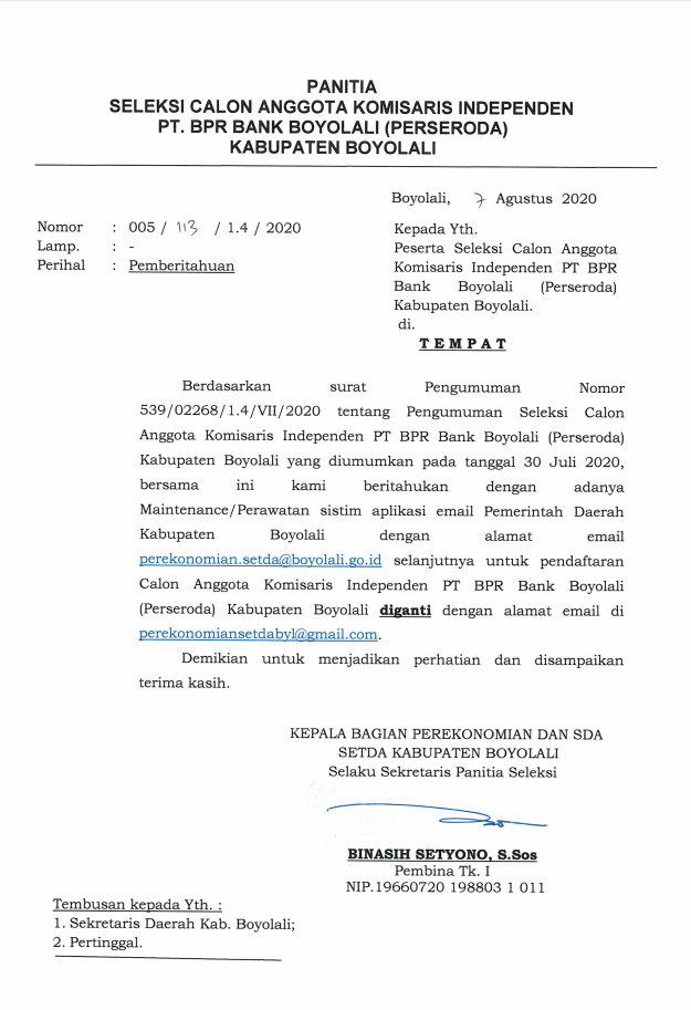 PEMBERITAHUAN EMAIL BARU SELEKSI CALON ANGGOTA KOMISARIS INDEPENDENPT BPR BANK BOYOLALI